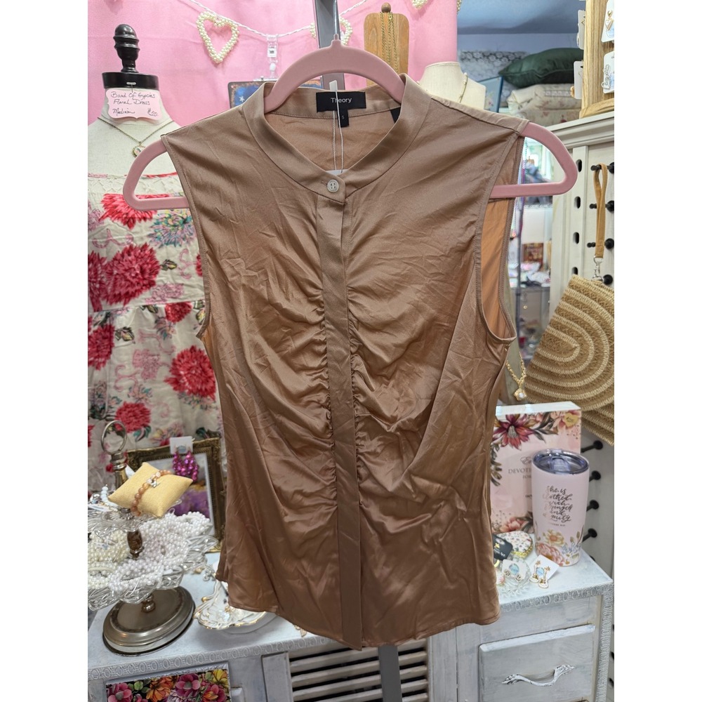 Theory Silk Blend Sleeveless Ruched Top Champagne Size Small Quiet Luxury
